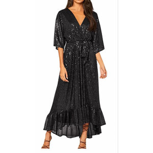 NEW Black Wrap V Neck Sequin Dress Glitter Short Sleeve Dress M